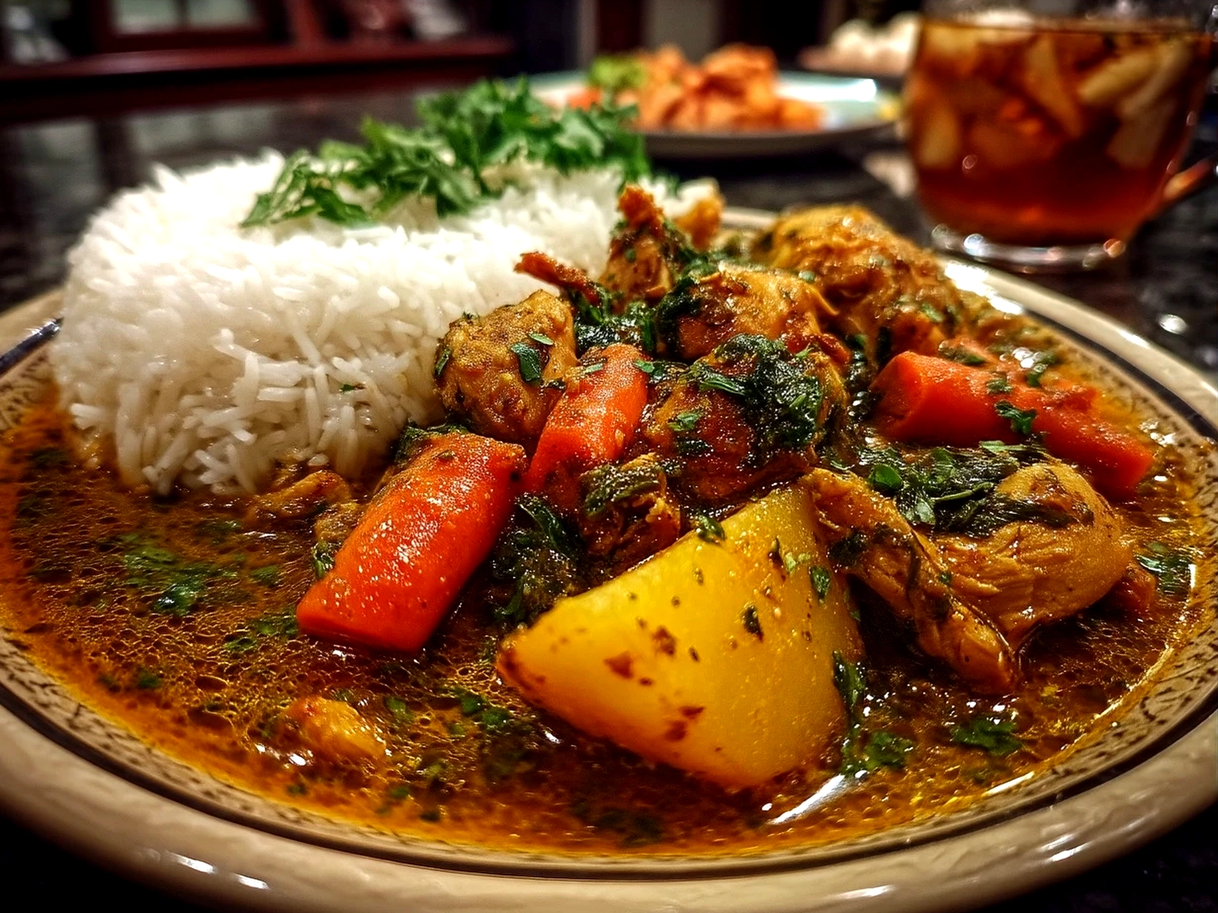 Bowl of African Chicken Curry served with rice and greens