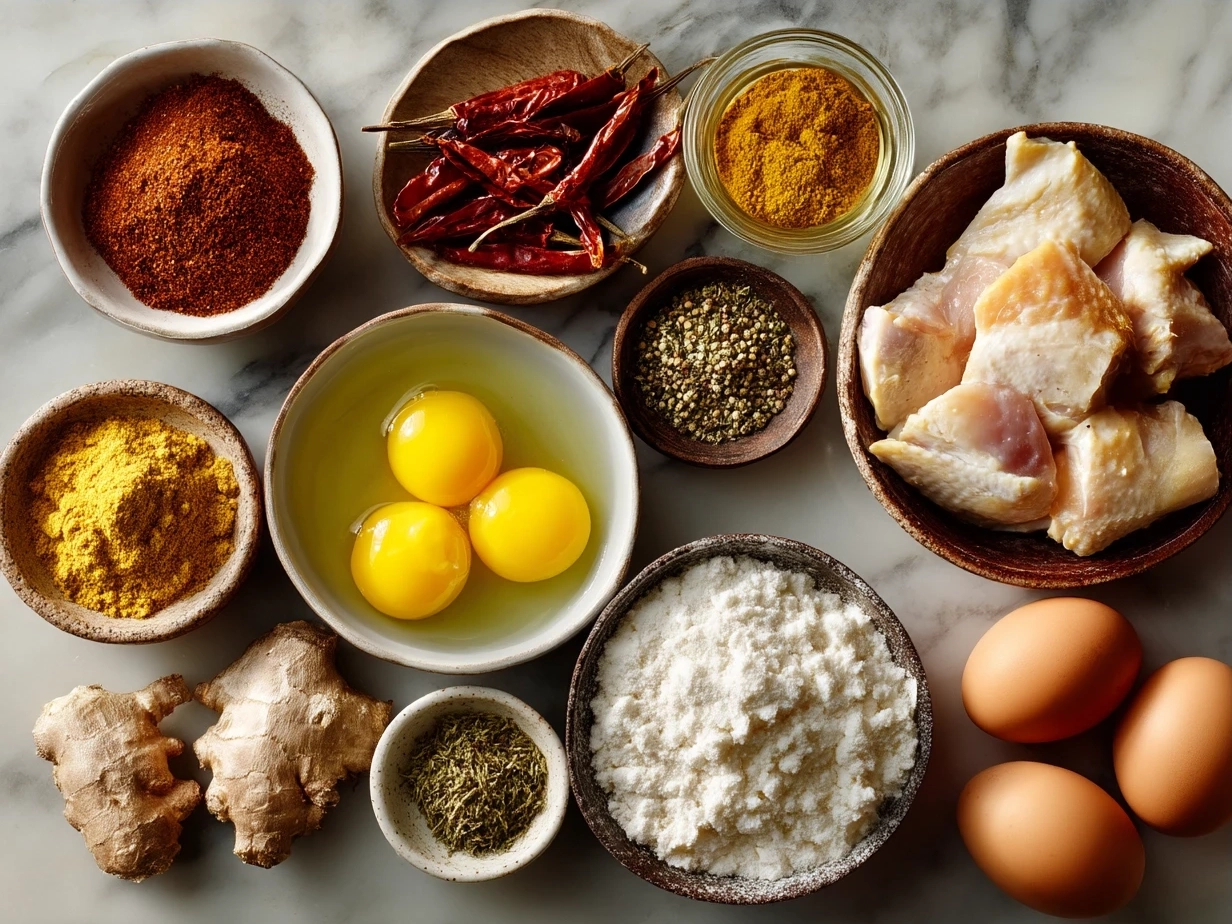 Ingredients for African Chicken Curry laid out on a table including spices, chicken thighs, tomatoes, and coconut milk