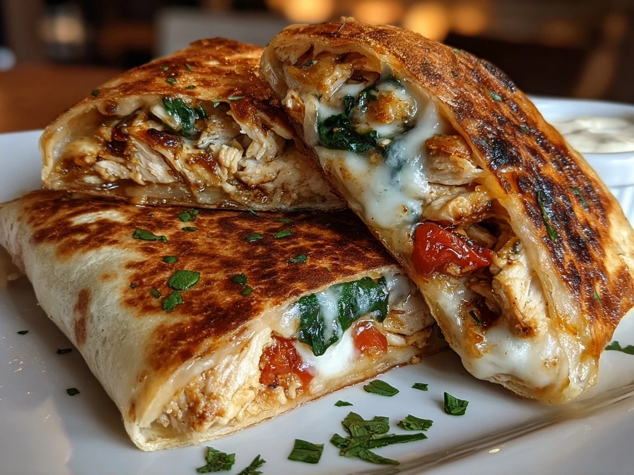 Finished Air Fryer Chicken Mozzarella Wraps served on a plate