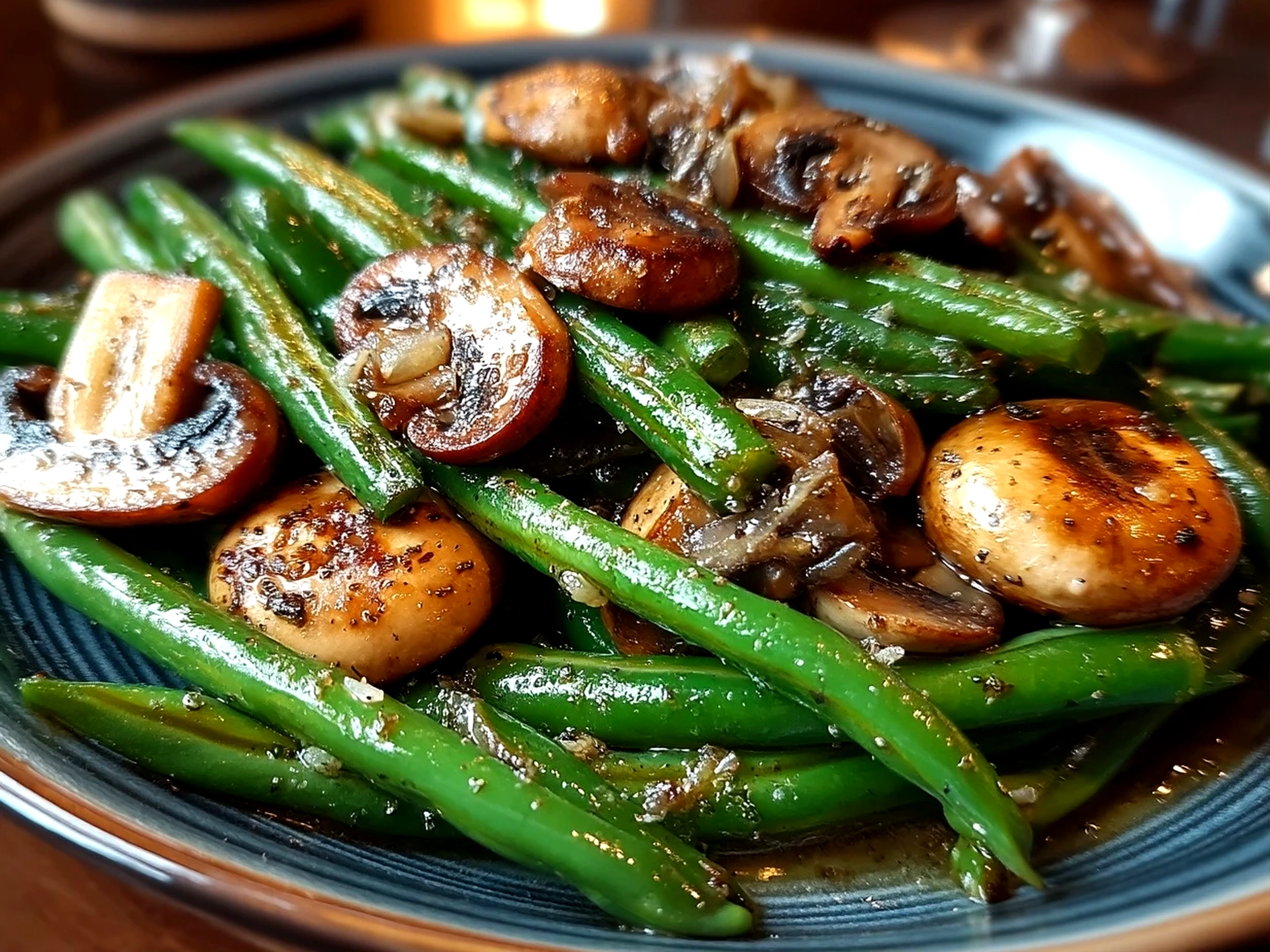 Finished beautiful garlic butter sautéed green beans and mushrooms fresh and vibrant close-up