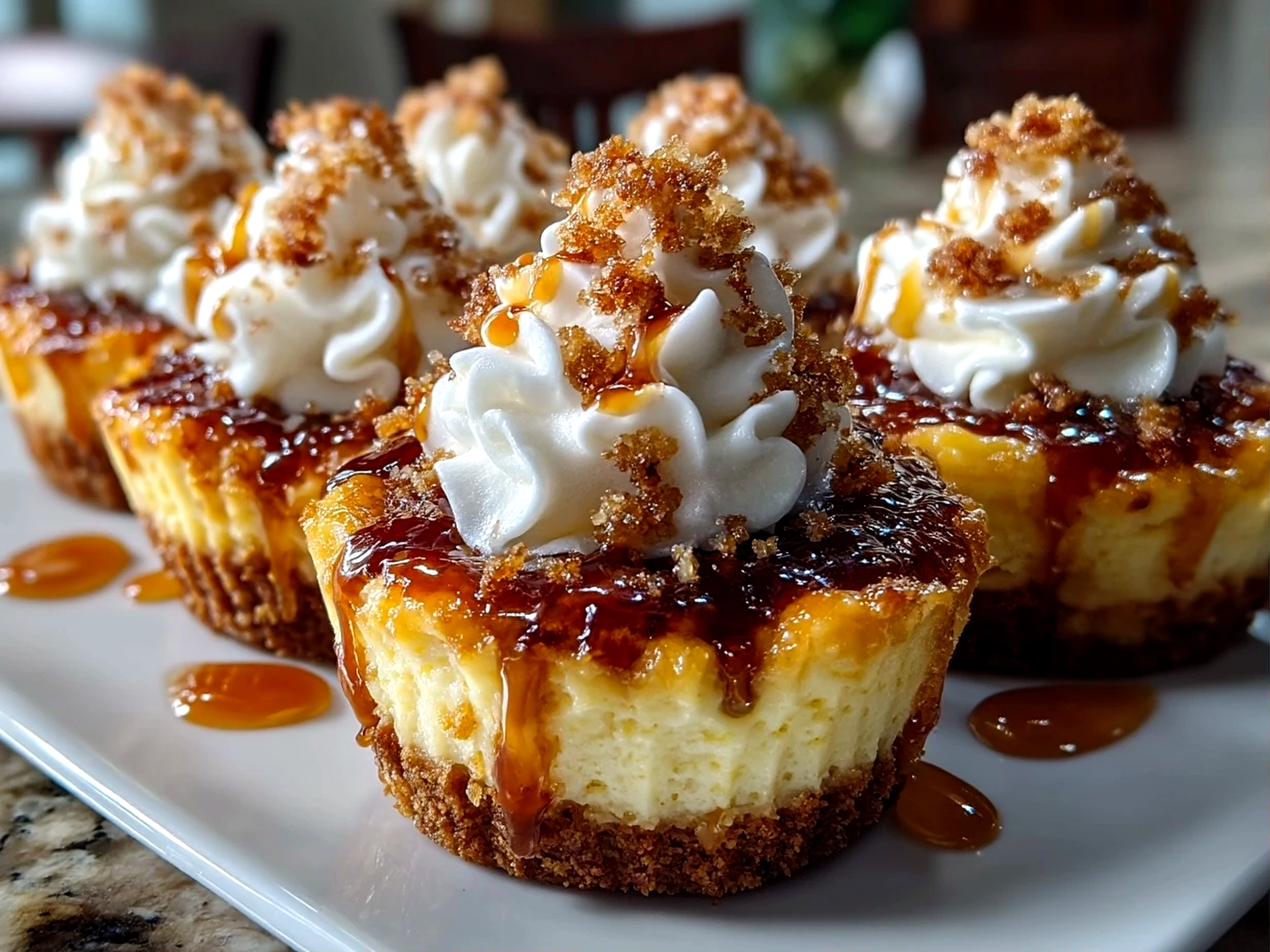 Close-up of finished, delicious Vanilla Bean Creme Brulee Cheesecake Cupcakes in a warm kitchen setting