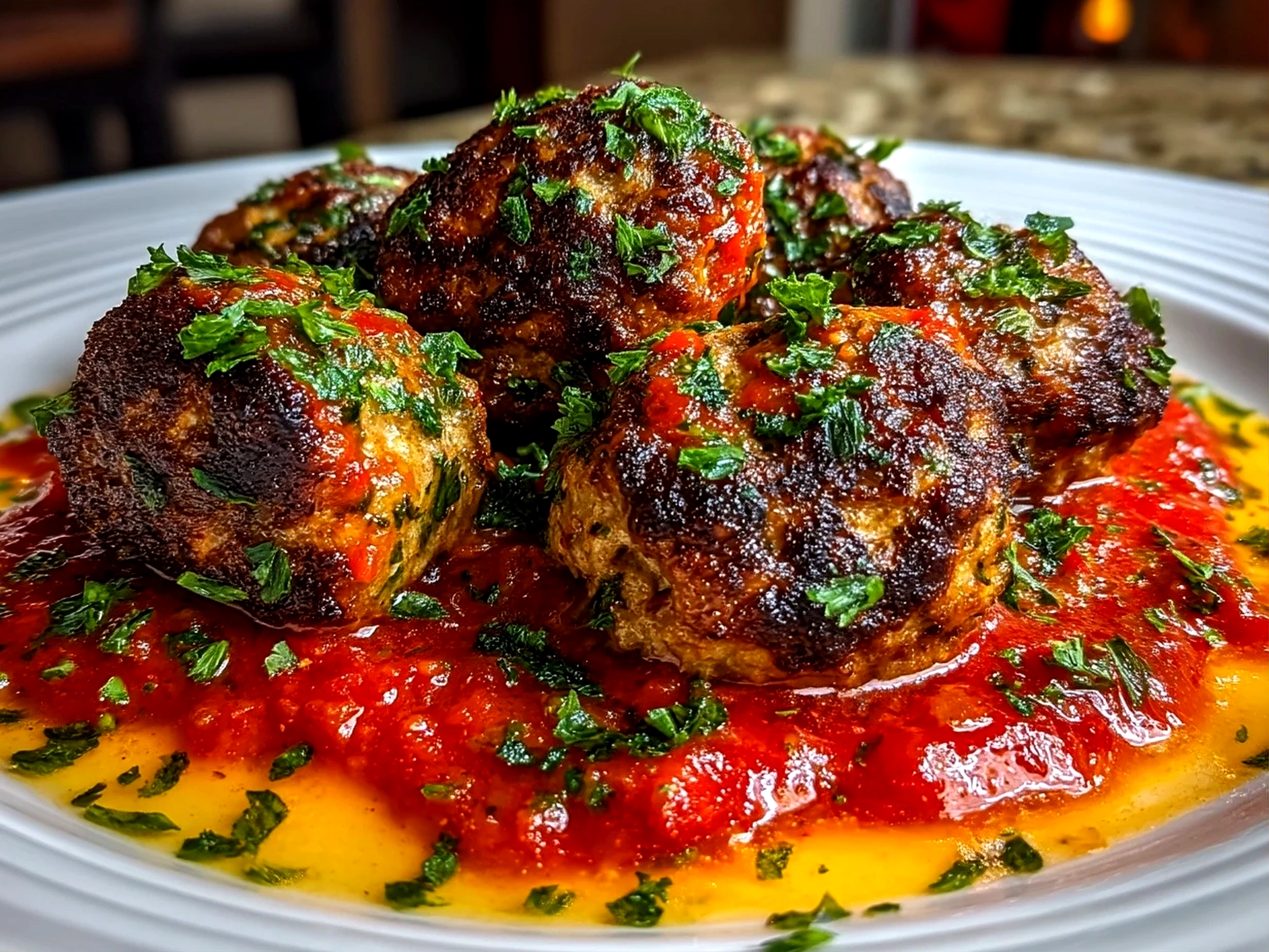 Finished Keto Italian Meatballs with Marinara Sauce served in a hearty comforting bowl, ready to enjoy.