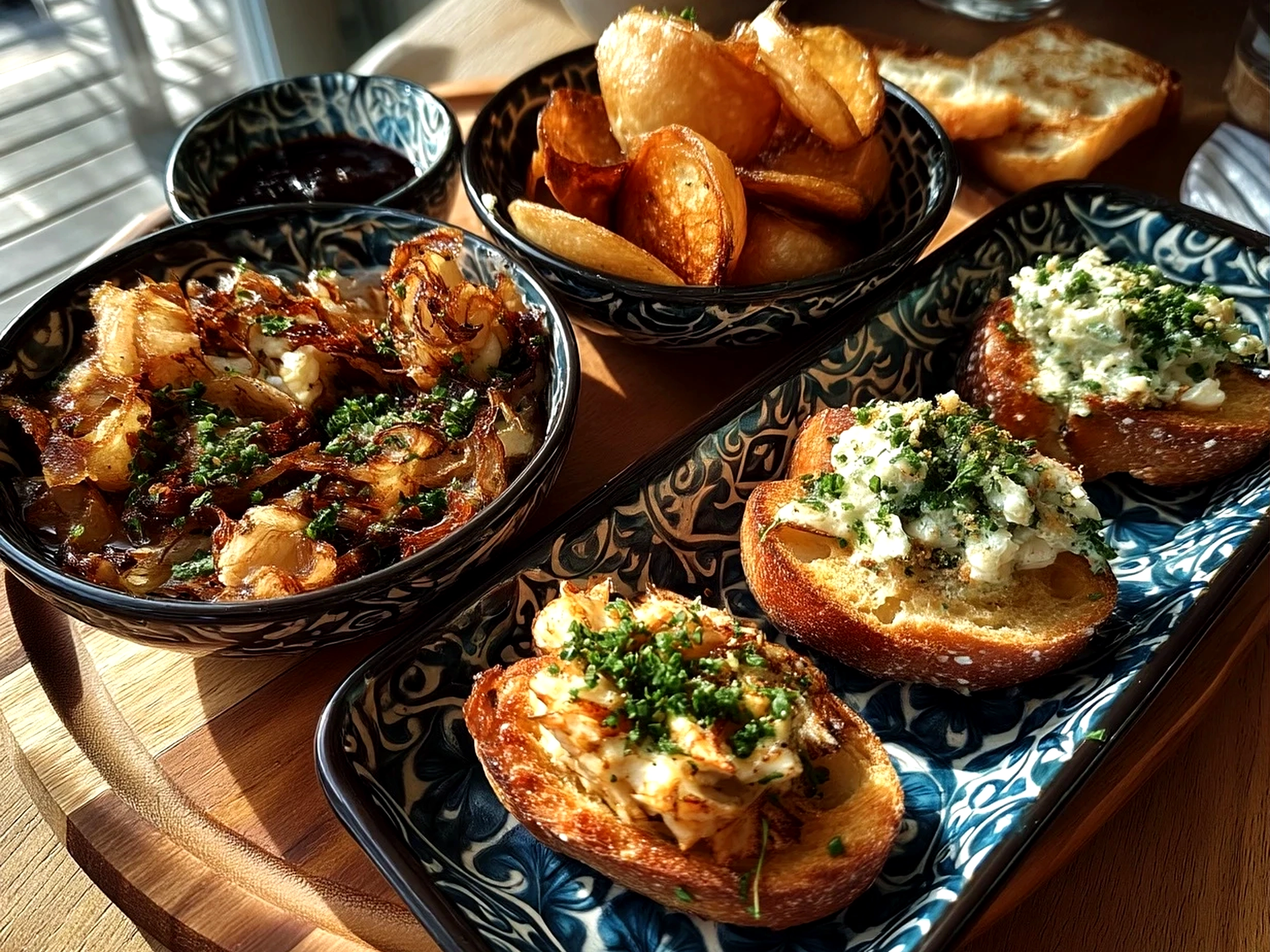Slight angle close-up of finished delicious Ordourves Appetizers on a serving platter in a home kitchen.