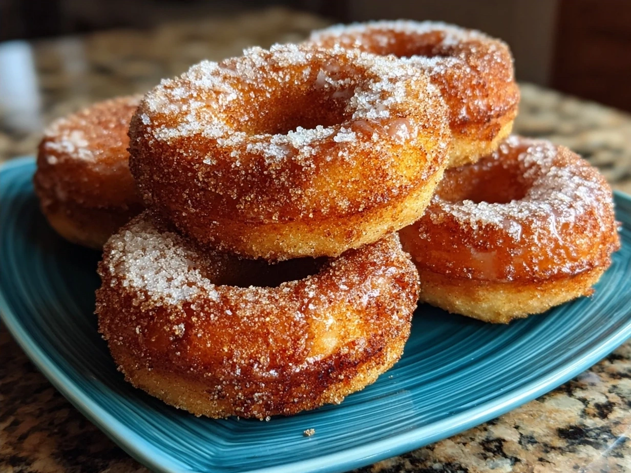 Freshly made and powdered apple cider donuts served on a rustic plate