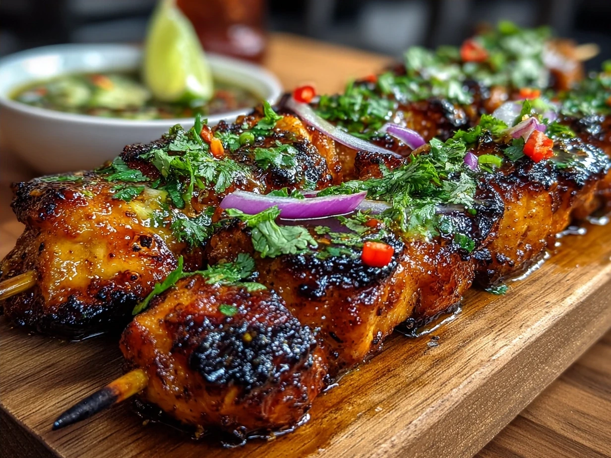A plate of cooked Bang Bang Chicken Skewers served with dipping sauce and fresh lime wedges