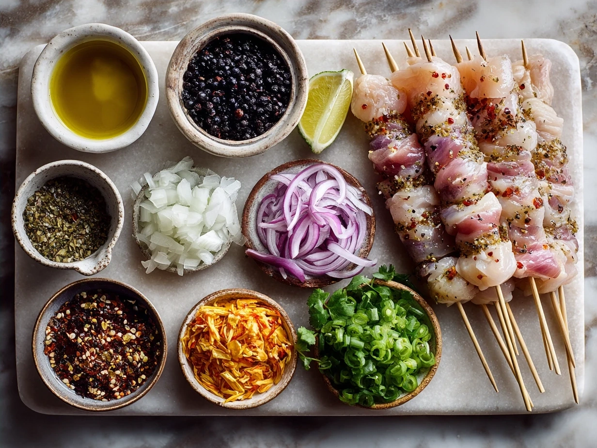 Ingredients for Bang Bang Chicken Skewers laid out on a table