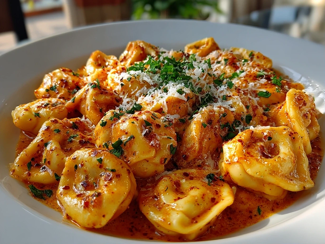 Beautiful finished Cheese Tortellini in Creamy Marinara close-up