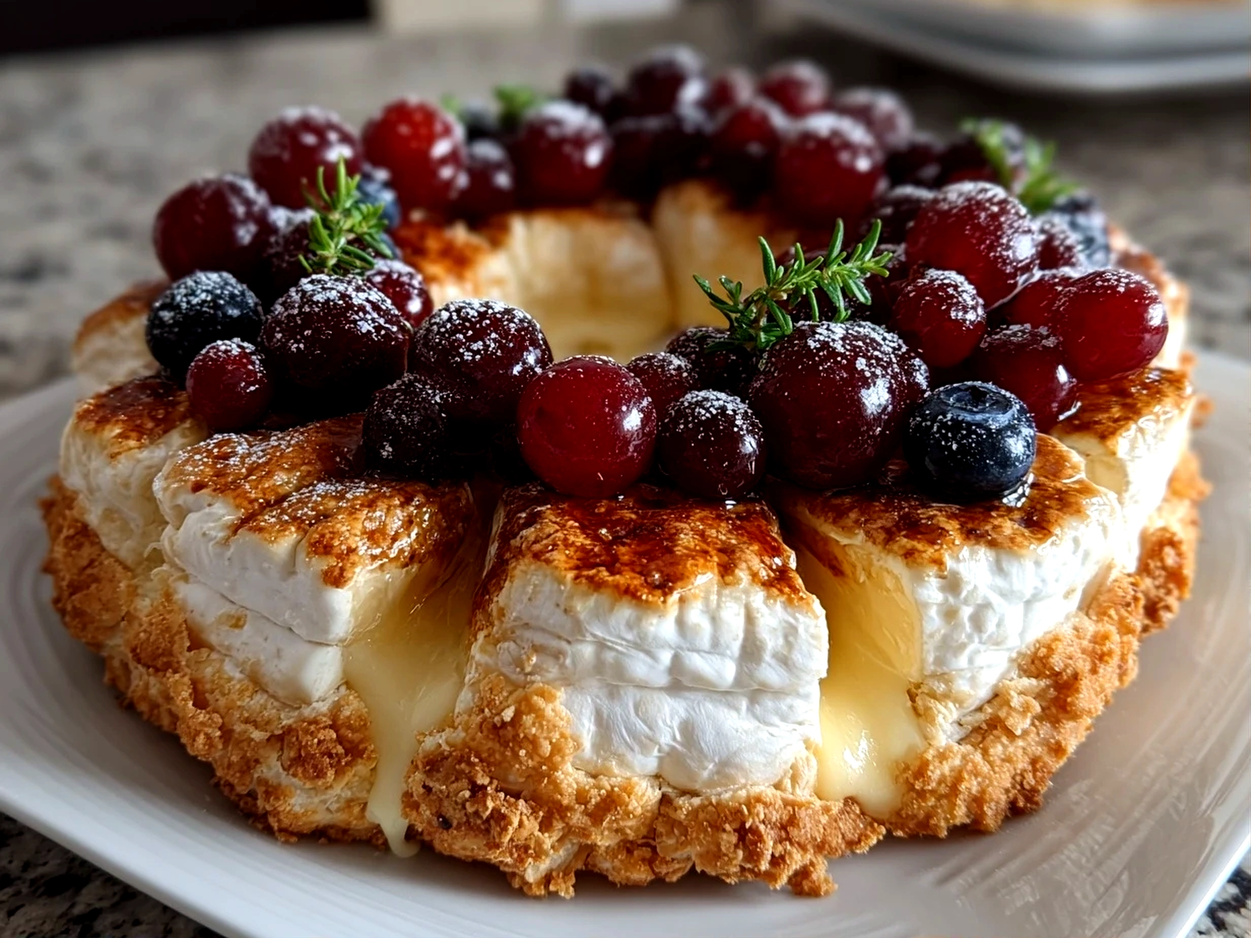 Beautiful holiday Brie Cheese Wreath on white plate