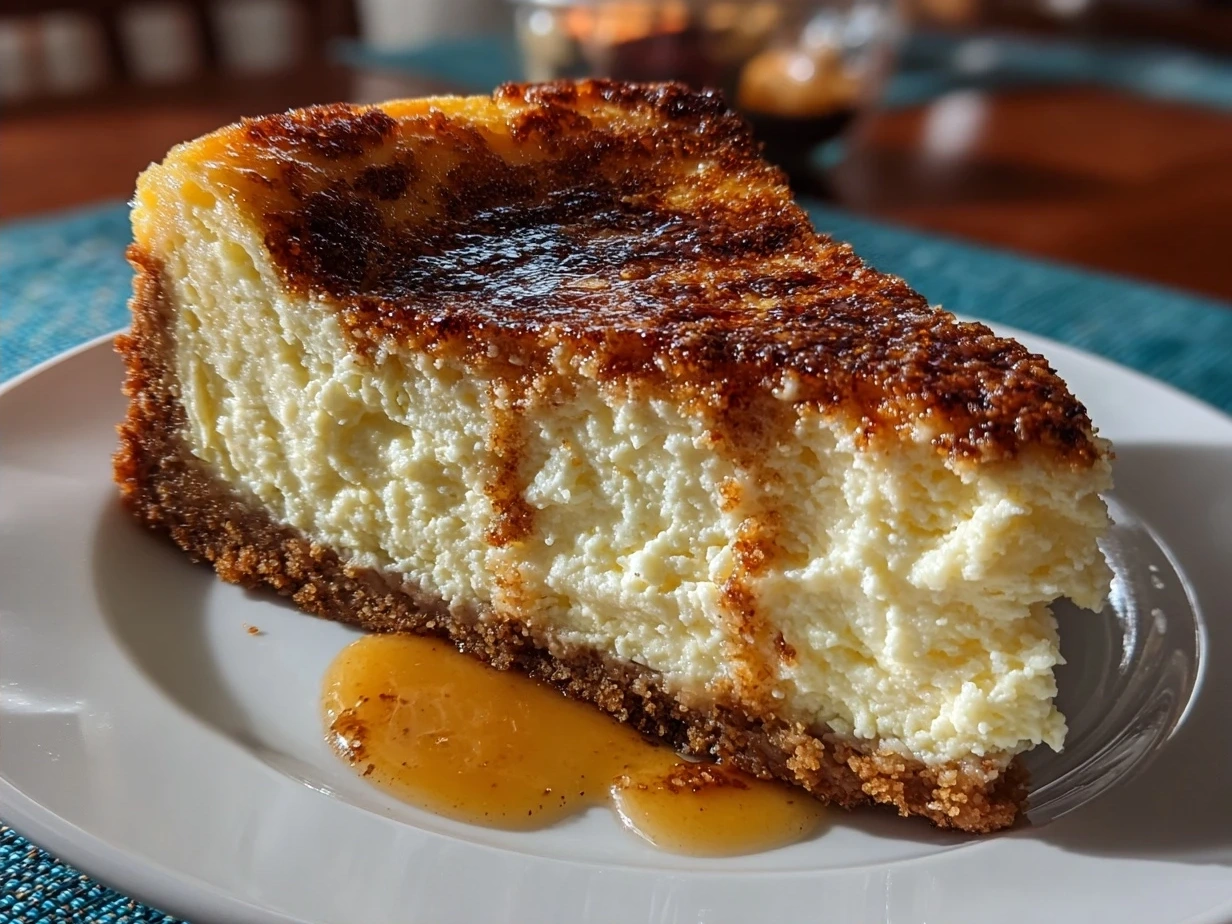 Slice of finished Brown Butter Cheesecake on a plate, ready to serve