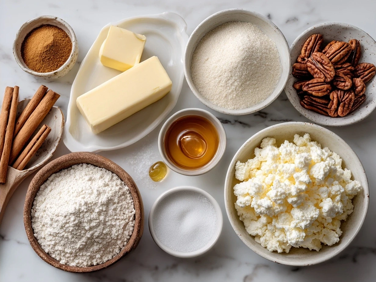 Ingredients for Brown Butter Cheesecake including graham cracker crumbs, butter, cream cheese, sugar, eggs, vanilla extract, sour cream, and flour
