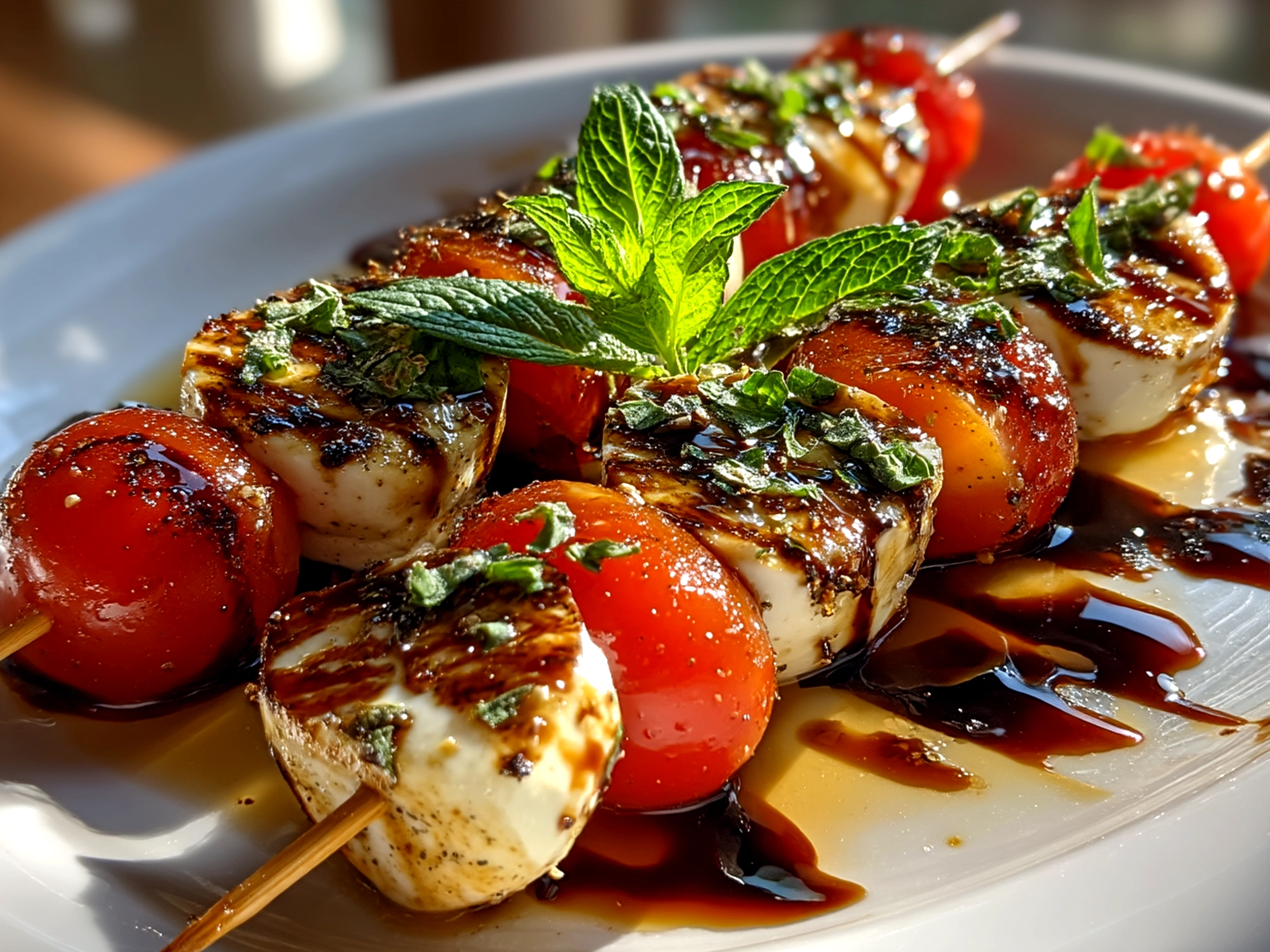 Finished Caprese Skewers served on a platter with balsamic glaze