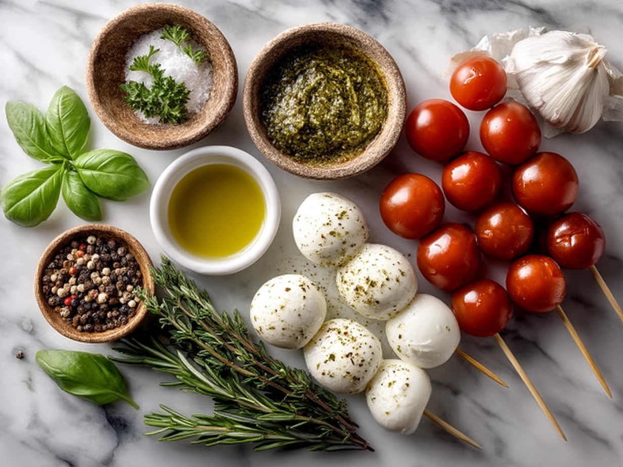 Ingredients for Caprese Skewers including cherry tomatoes, fresh mozzarella balls, basil, balsamic glaze, and skewers