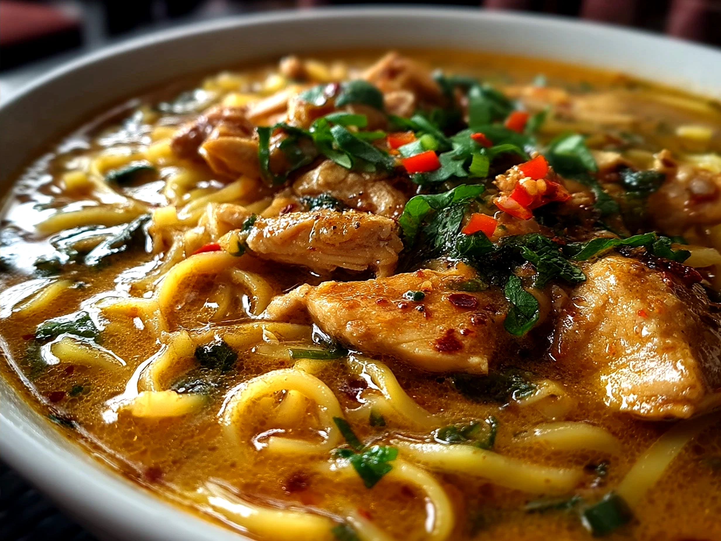 Bowl of finished Cheats Chicken Laksa garnished with fresh coriander