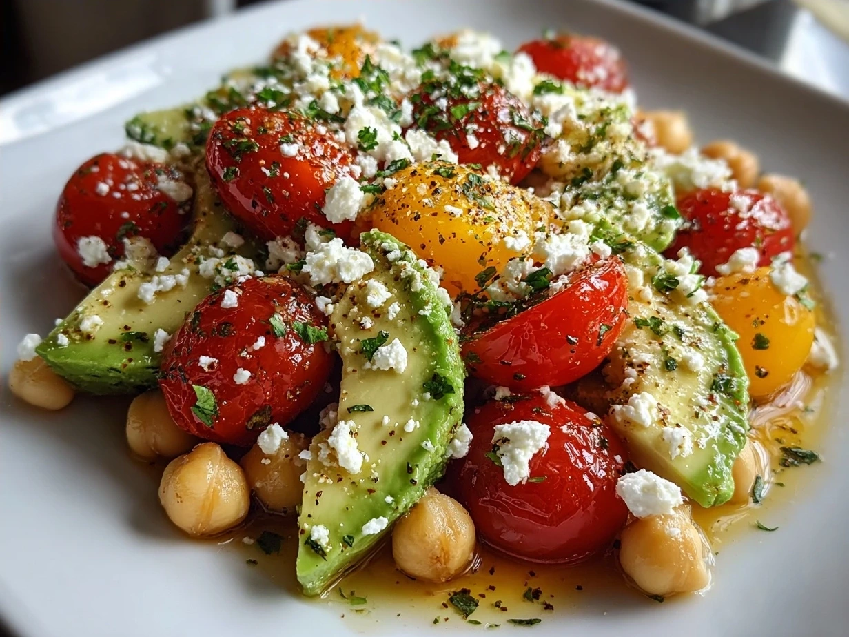 Freshly prepared Chickpea Feta Avocado Salad in a bowl, ready to serve