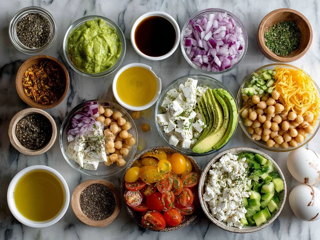 Ingredients for Chickpea Feta Avocado Salad including chickpeas, avocado, feta, tomatoes, cucumber, onion, parsley, lemon, and olive oil