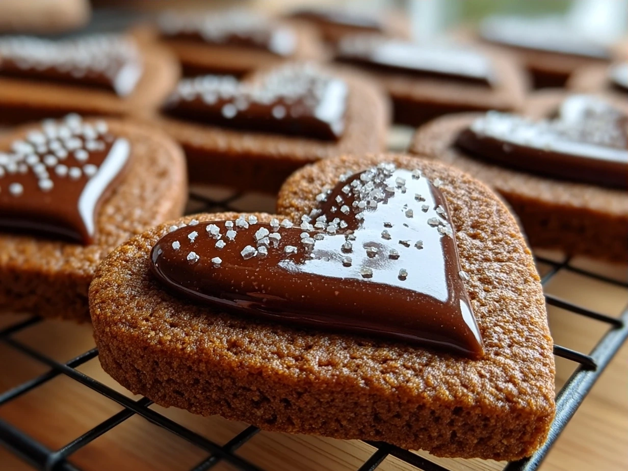Finished Chocolate Cut-Out Heart Cookies arranged on a cooling rack with sprinkles
