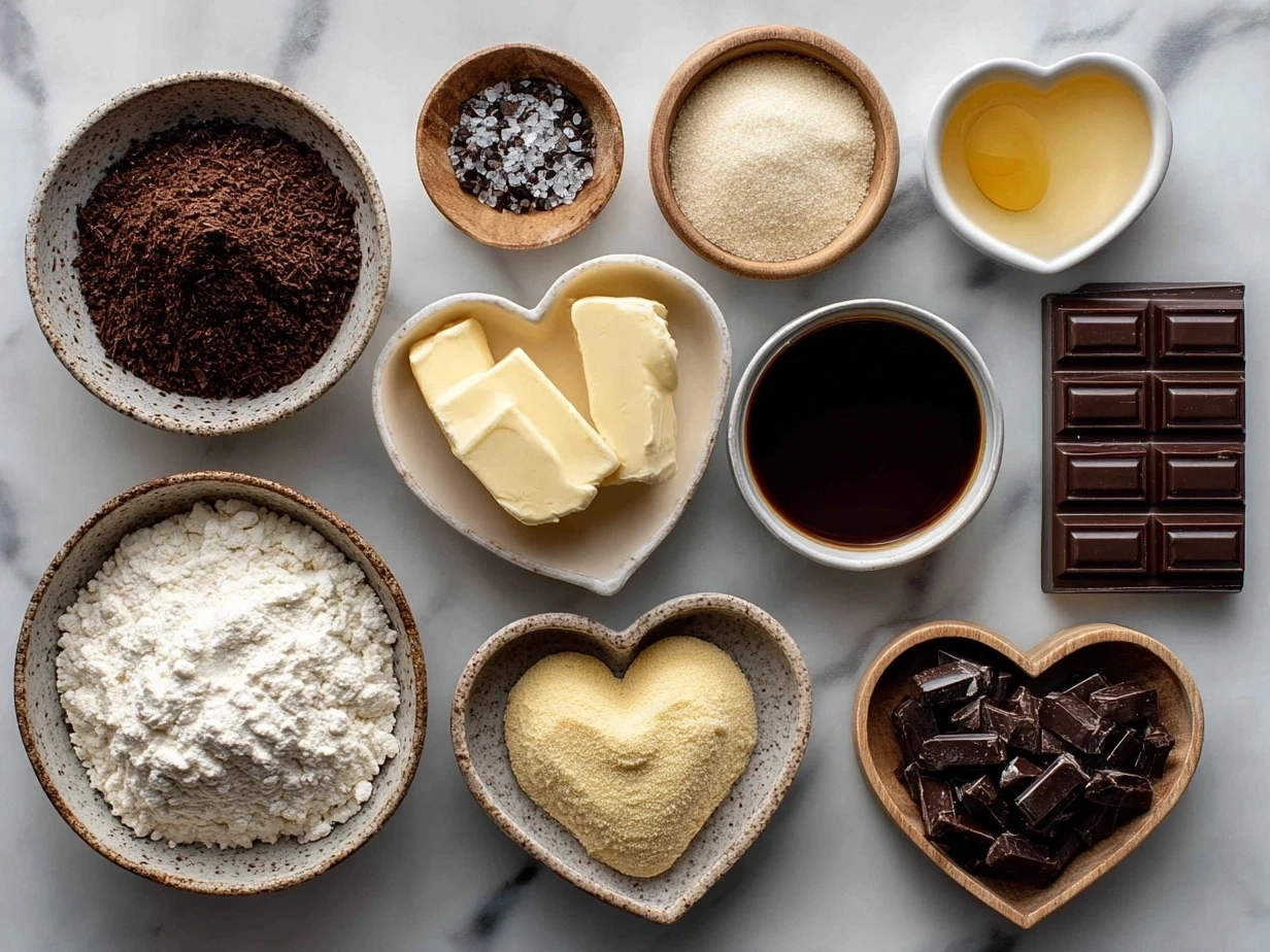 Ingredients for Chocolate Cut-Out Heart Cookies arranged on a table