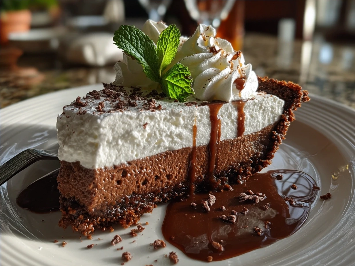 Finished slice of smooth and creamy Chocolate Mint Pie garnished with fresh mint leaves