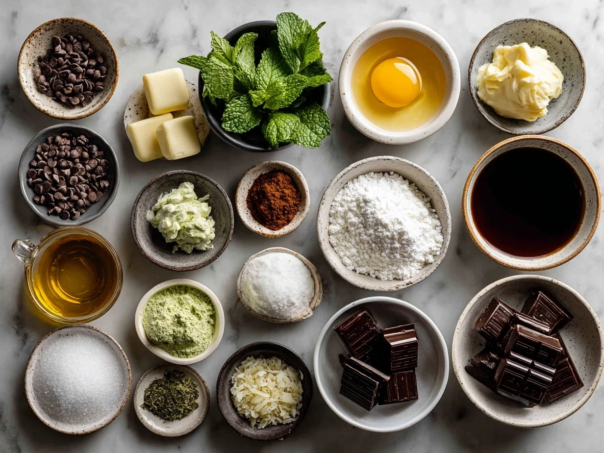 Ingredients for Chocolate Mint Pie including chocolate cookie crust, heavy cream, chocolate chips, peppermint extract, powdered sugar, cream cheese, and fresh mint leaves
