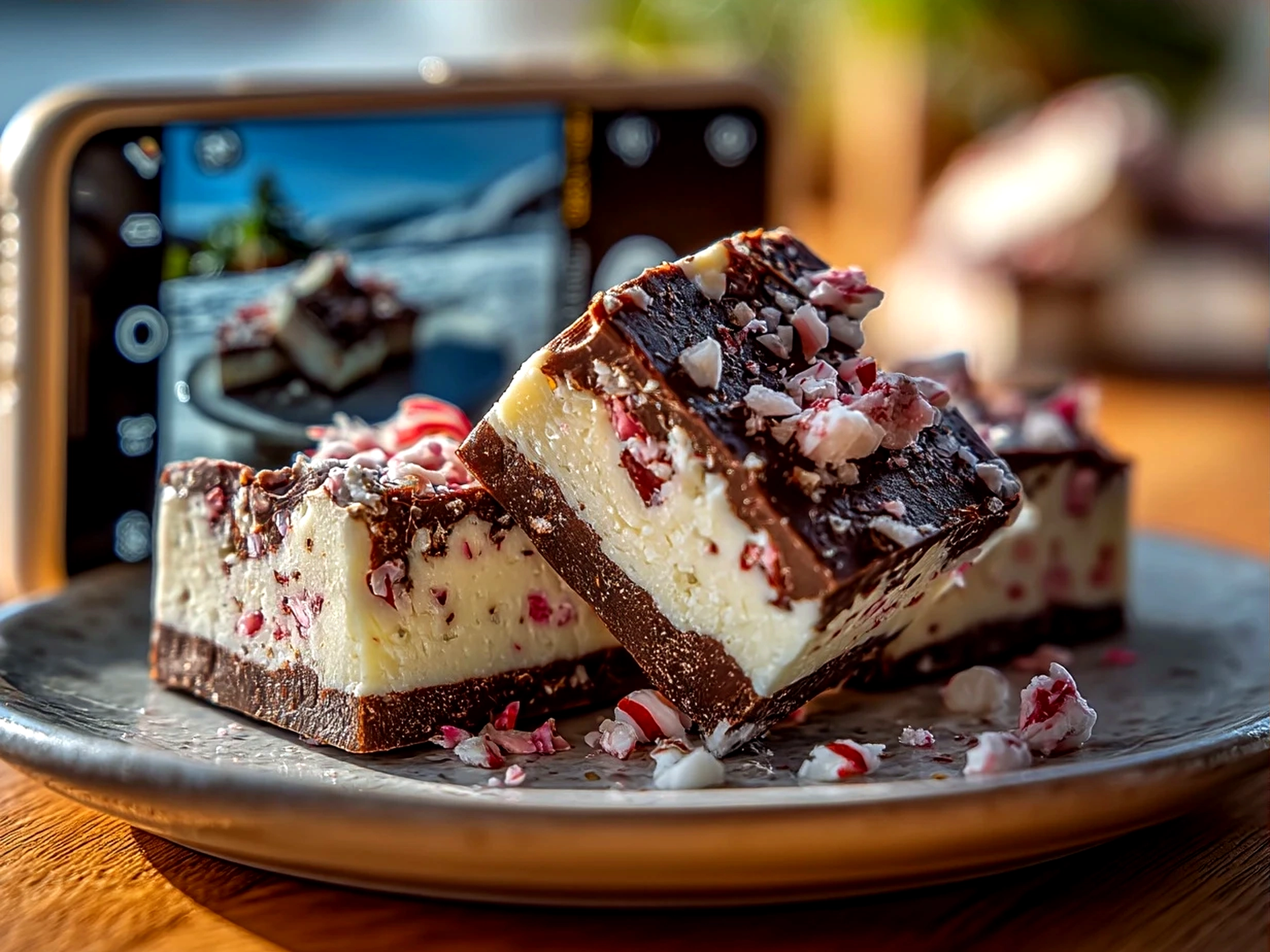 Finished squares of Chocolate Peppermint Fudge arranged for serving