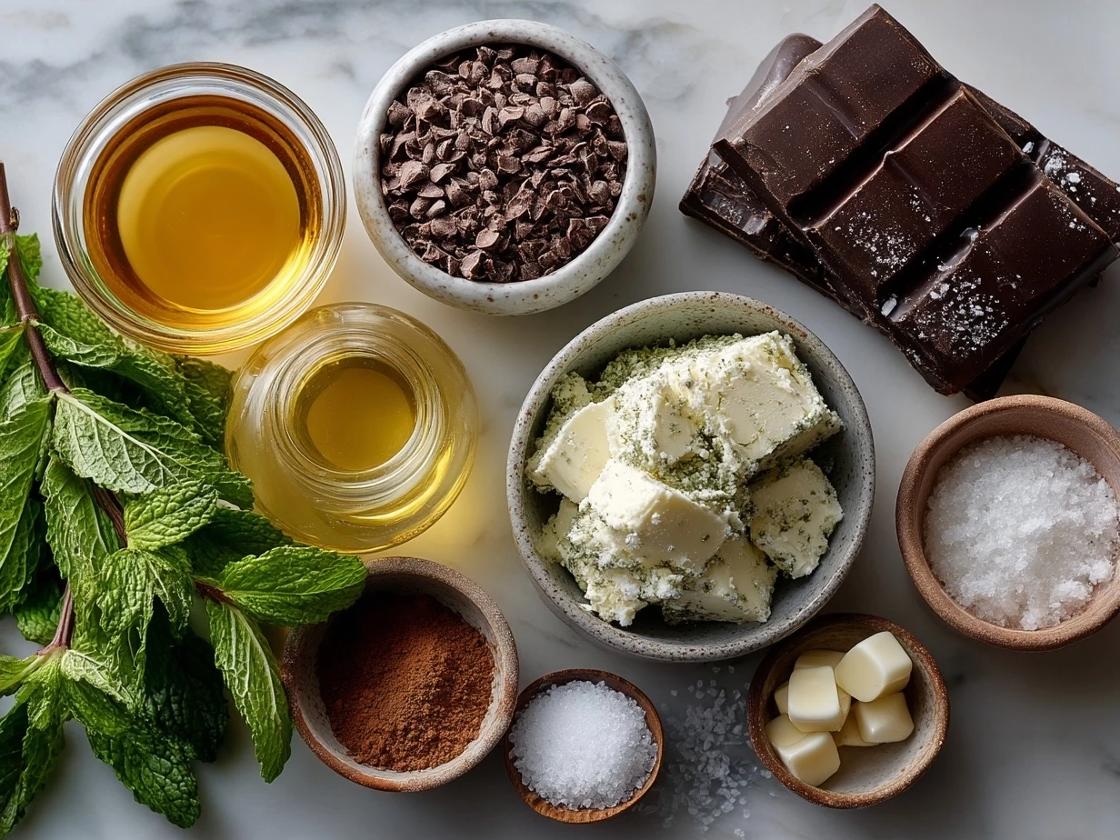 Ingredients for making Chocolate Peppermint Fudge including chocolate chips, peppermint candy canes, and butter