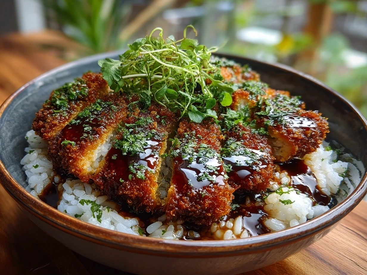 Close-up of a finished Japanese Katsu Bowl with crispy fried cutlet, rice, tonkatsu sauce, and green onions