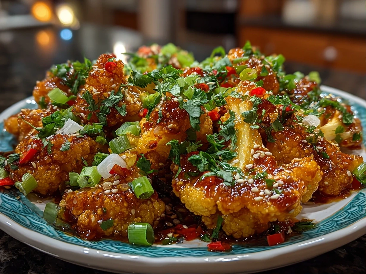 Close-up of finished Spicy Korean Cauliflower Dish served