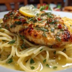 Close-up of Chicken Piccata Pasta plated