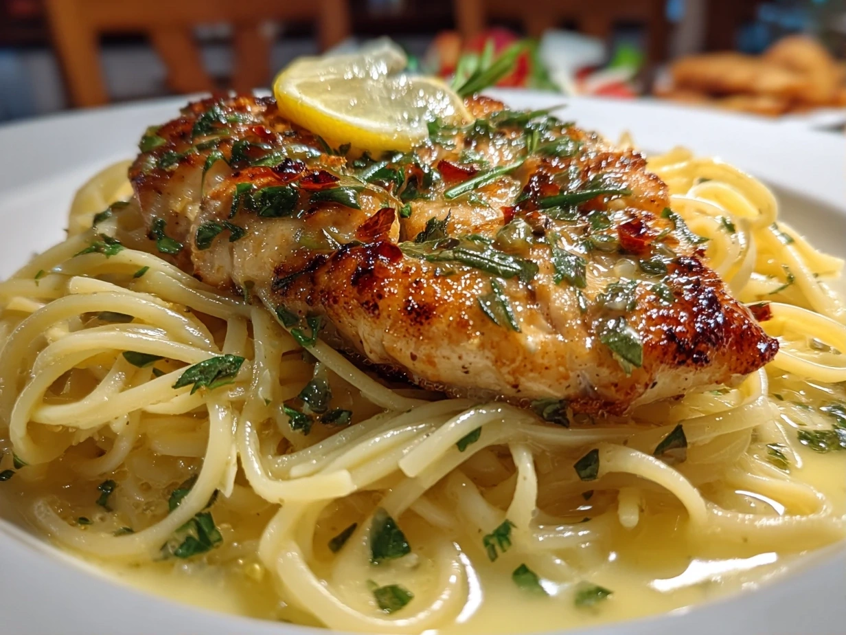 Close-up of Chicken Piccata Pasta plated