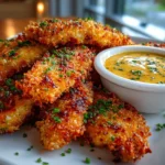 Close-up of crispy chicken tenders with dipping sauce