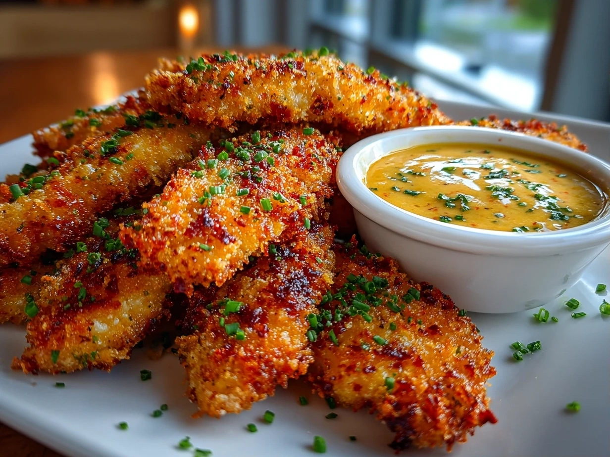 Close-up of crispy chicken tenders with dipping sauce