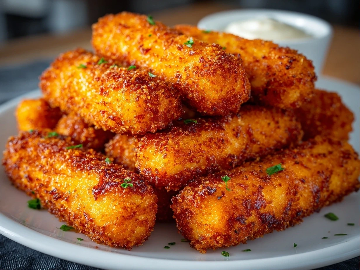 Close-up of crispy homemade mozzarella sticks
