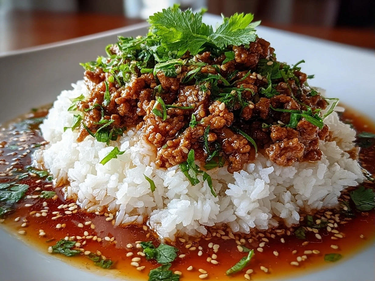 Close-up of homemade Honey Garlic Ground Turkey on white plate