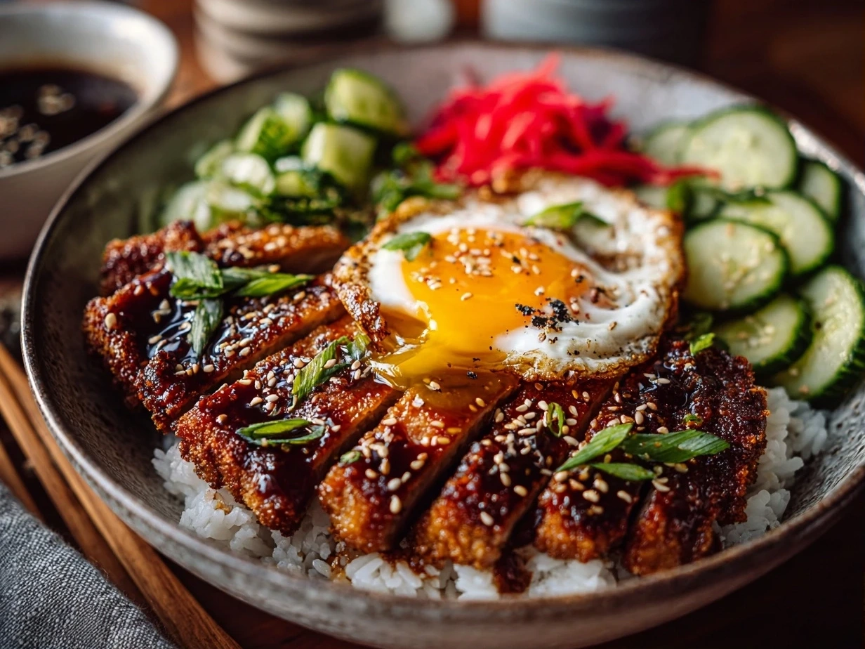 Close-up of homemade Japanese Katsu Bowl