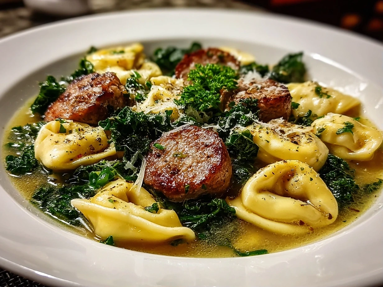 Close-up of Homemade Tortellini Soup with Sausage and Kale