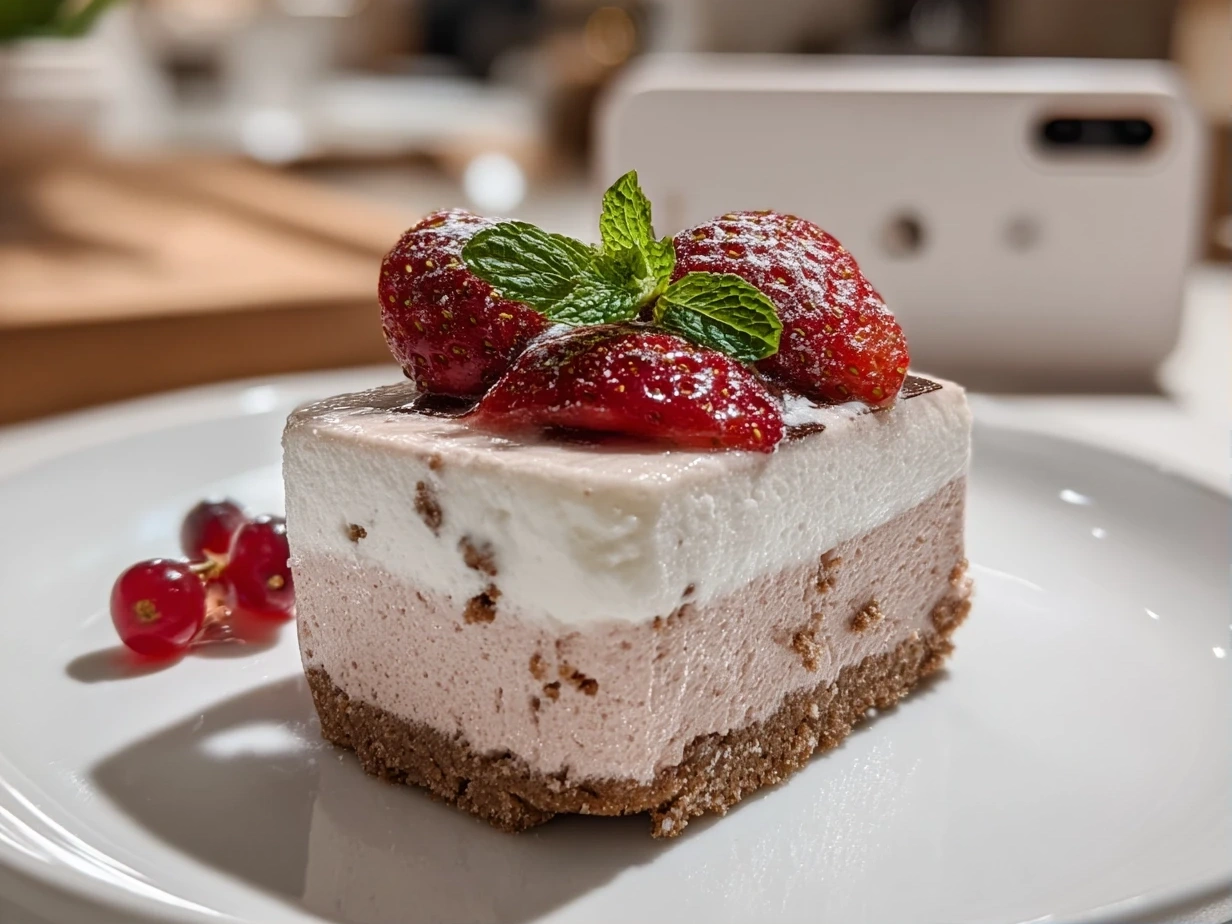 Close-up of Neapolitan Mousse Cake on white plate