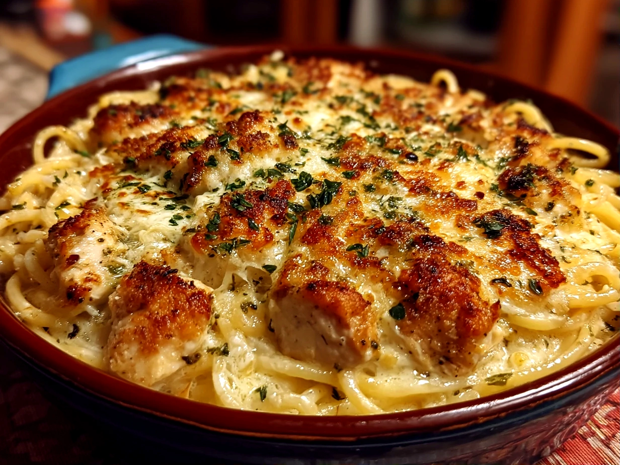 Close-up of ready chicken spaghetti serving in a dish
