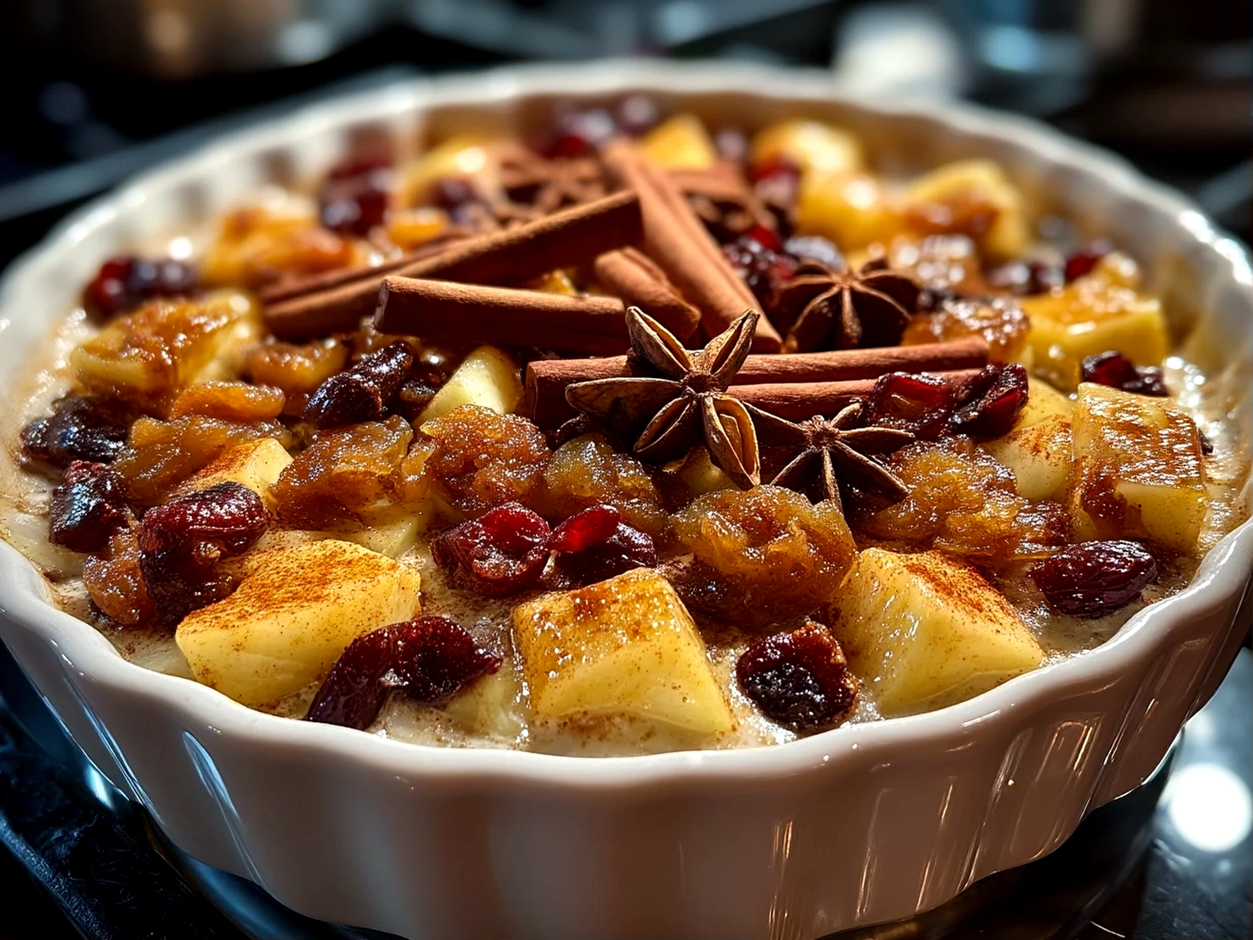 Close up of ready Ginger-Spiced Apple Holiday Bake with crumbs on surface