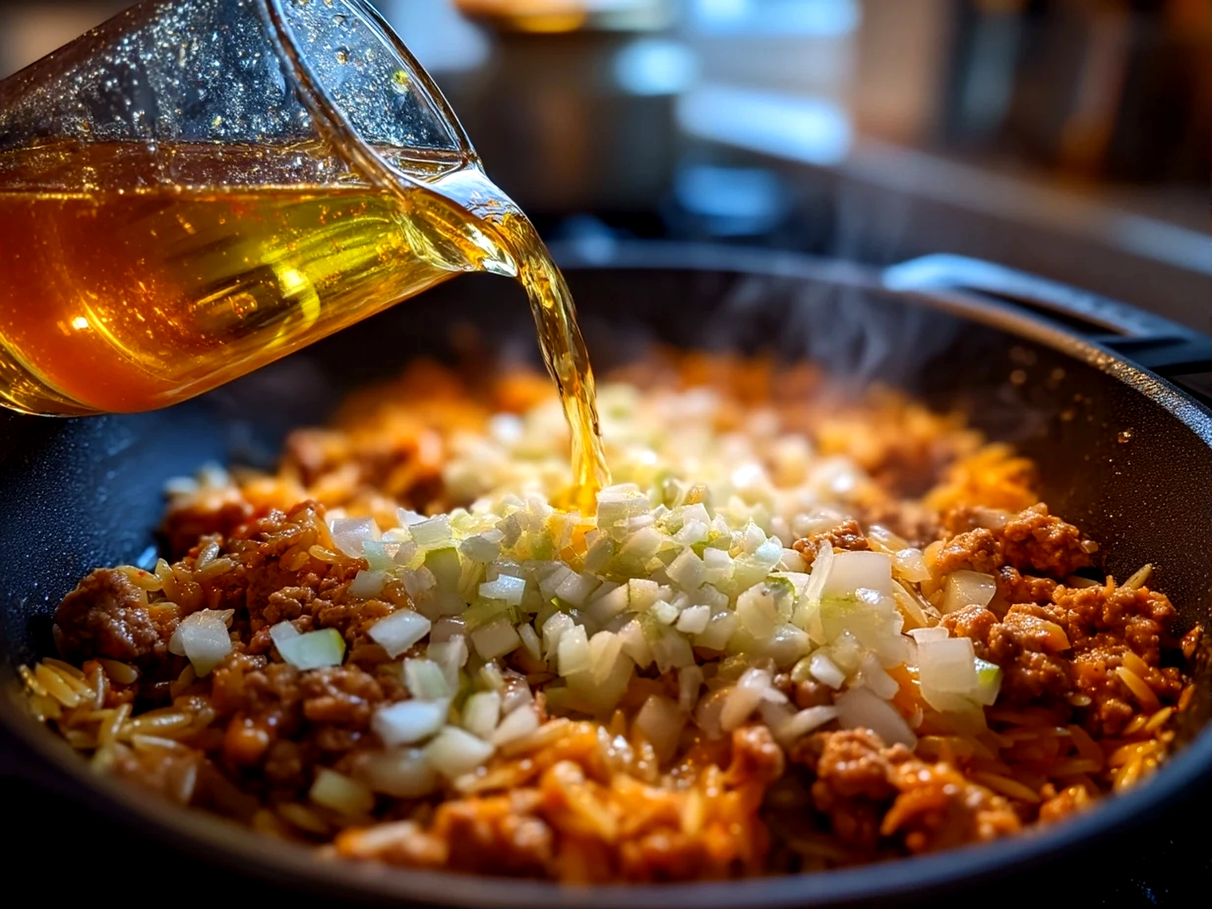 Close-up shot of finished One-Pot Ground Turkey Orzo in a pan
