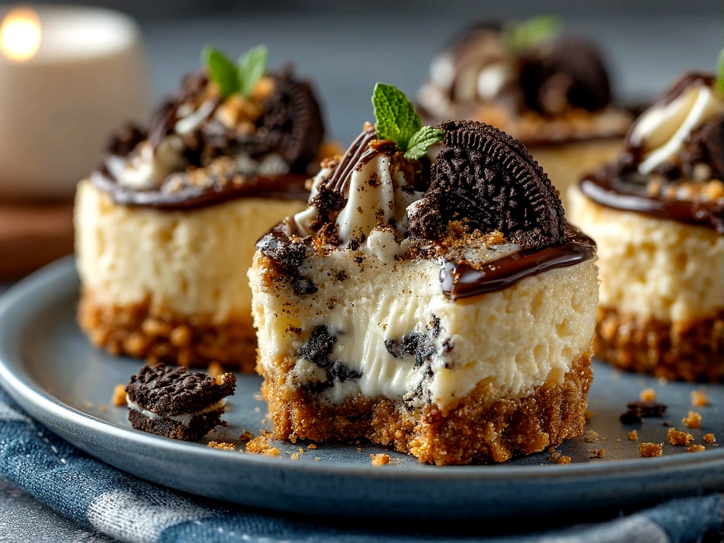 Close-up of ready to eat No-Bake Oreo Cheesecake Bites showing texture and Oreo pieces