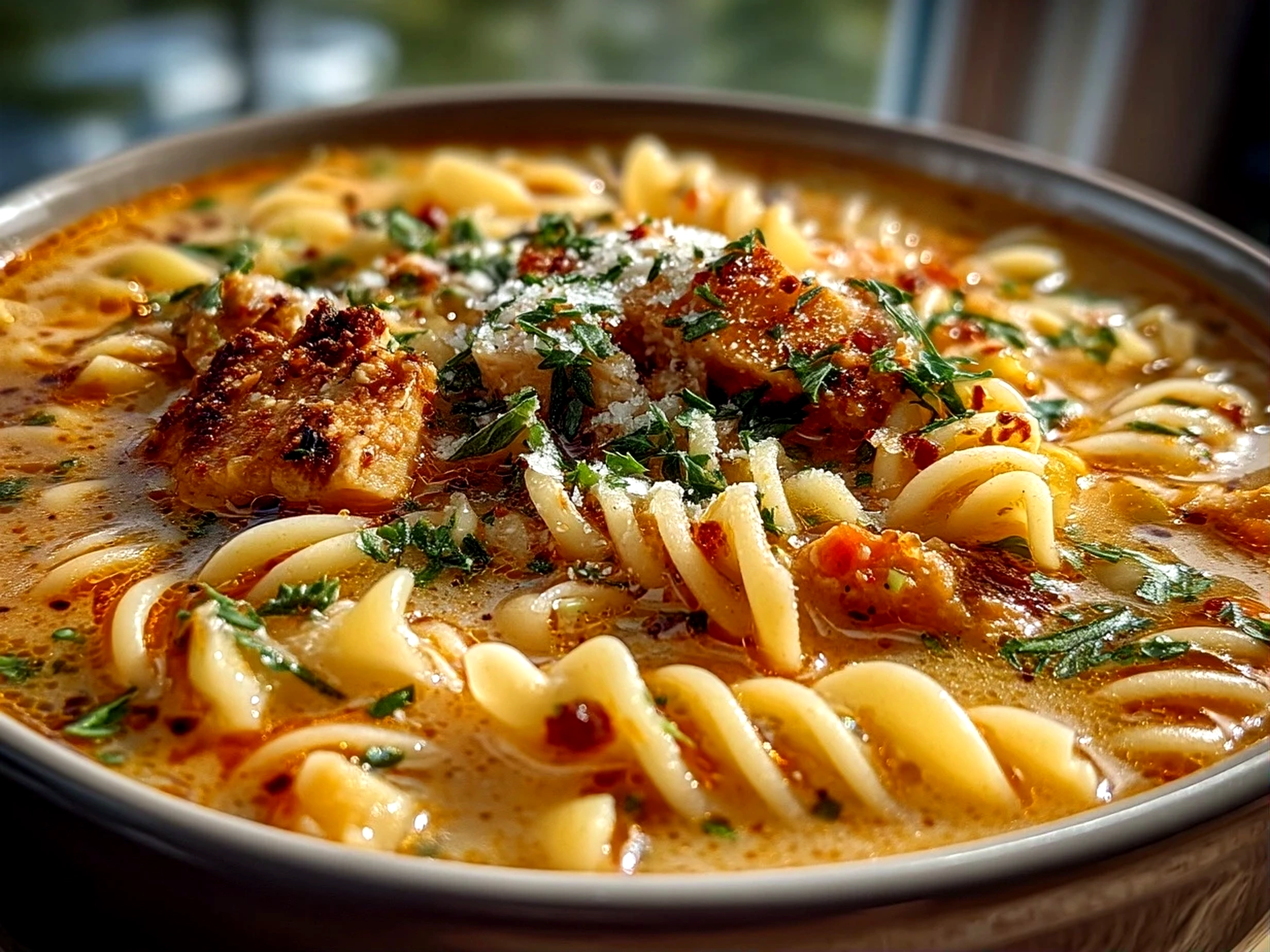 Close-up of ready tomato basil noodle soup in a bowl, garnished with fresh basil