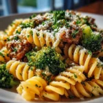 Close-up slight angle of freshly prepared ground turkey broccoli pasta