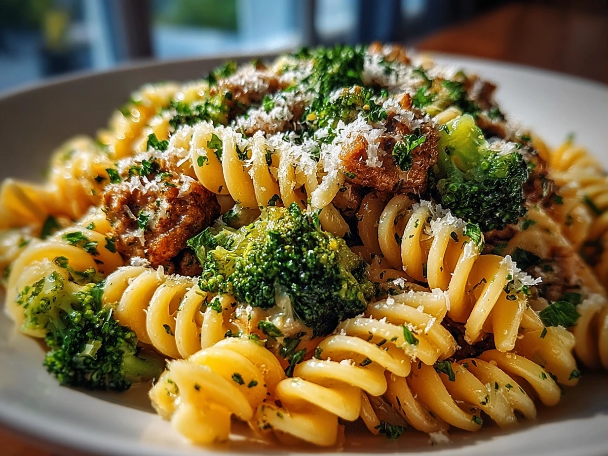 Close-up slight angle of freshly prepared ground turkey broccoli pasta