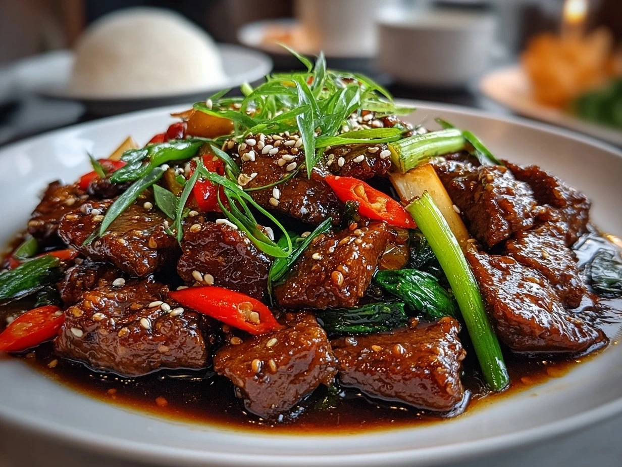 Close-up slightly angled Szechuan Beef on white plate