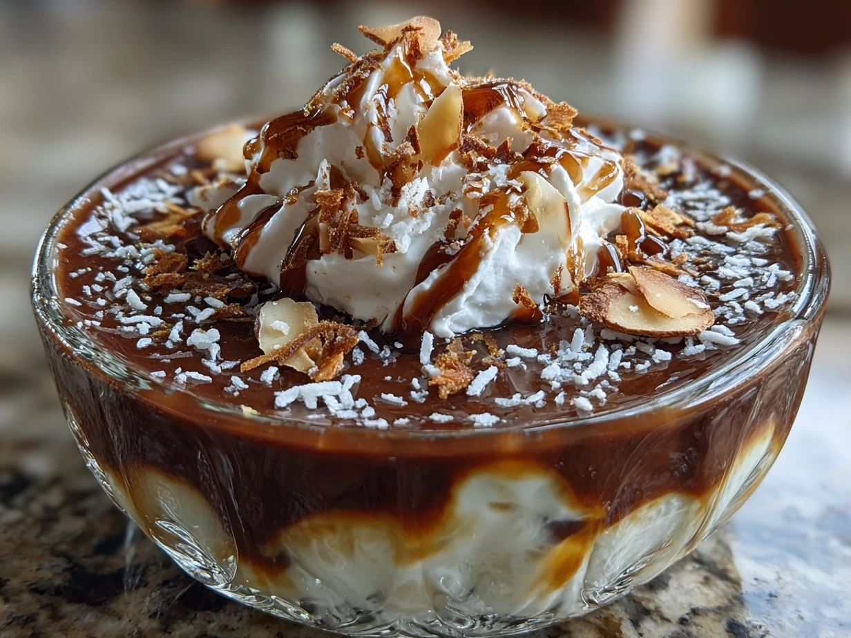 A jar of creamy Coconut Almond Chocolate Pudding ready to serve