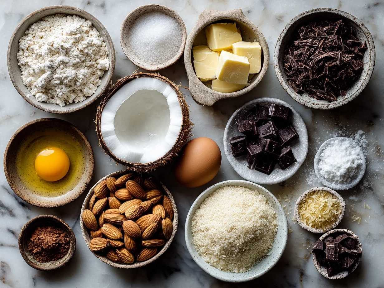 Ingredients for Coconut Almond Chocolate Pudding laid out on a countertop