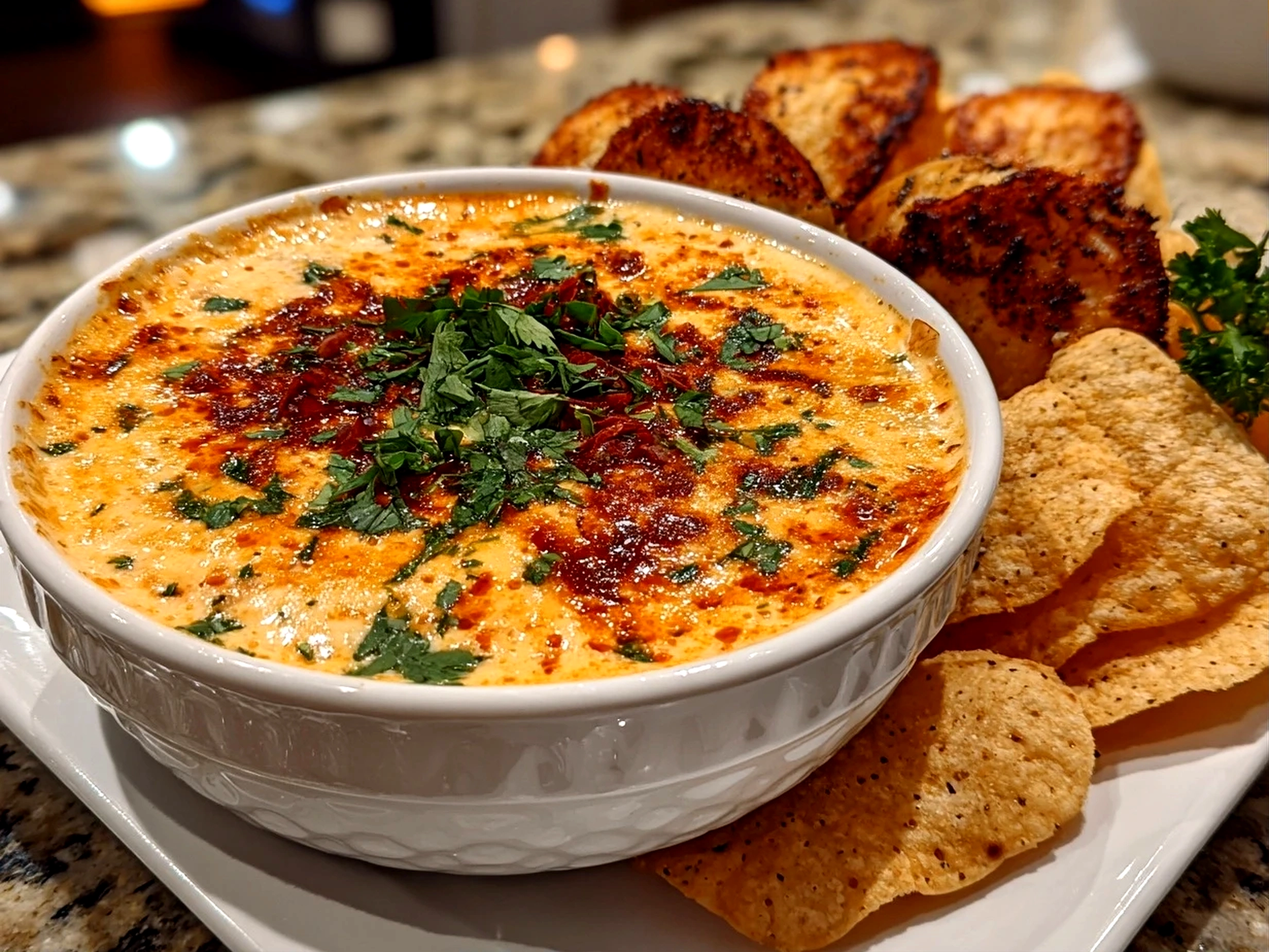 Comforting Cowboy Queso Dip on white plate