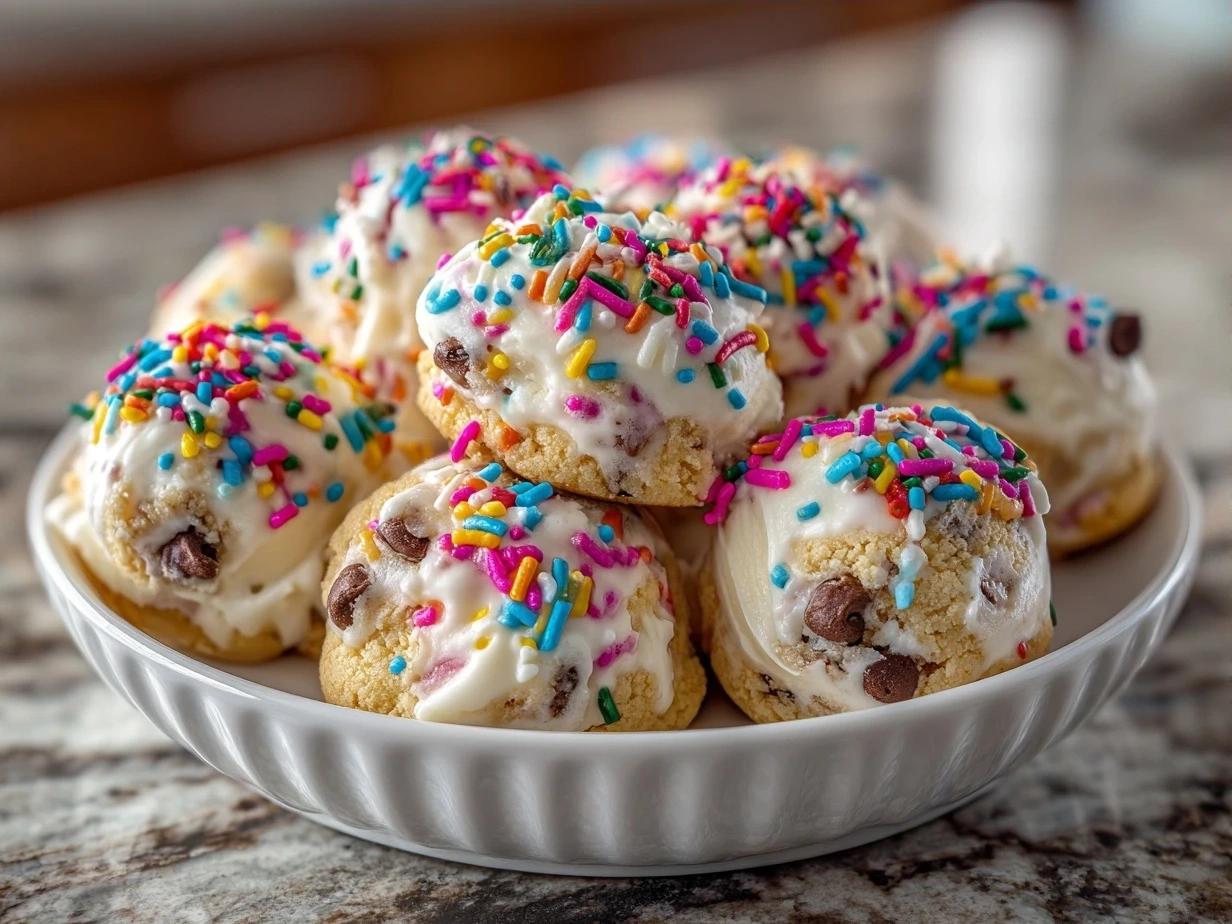 Frozen Cookie Dough Frozen Yogurt Bites served in a dish, ready to enjoy