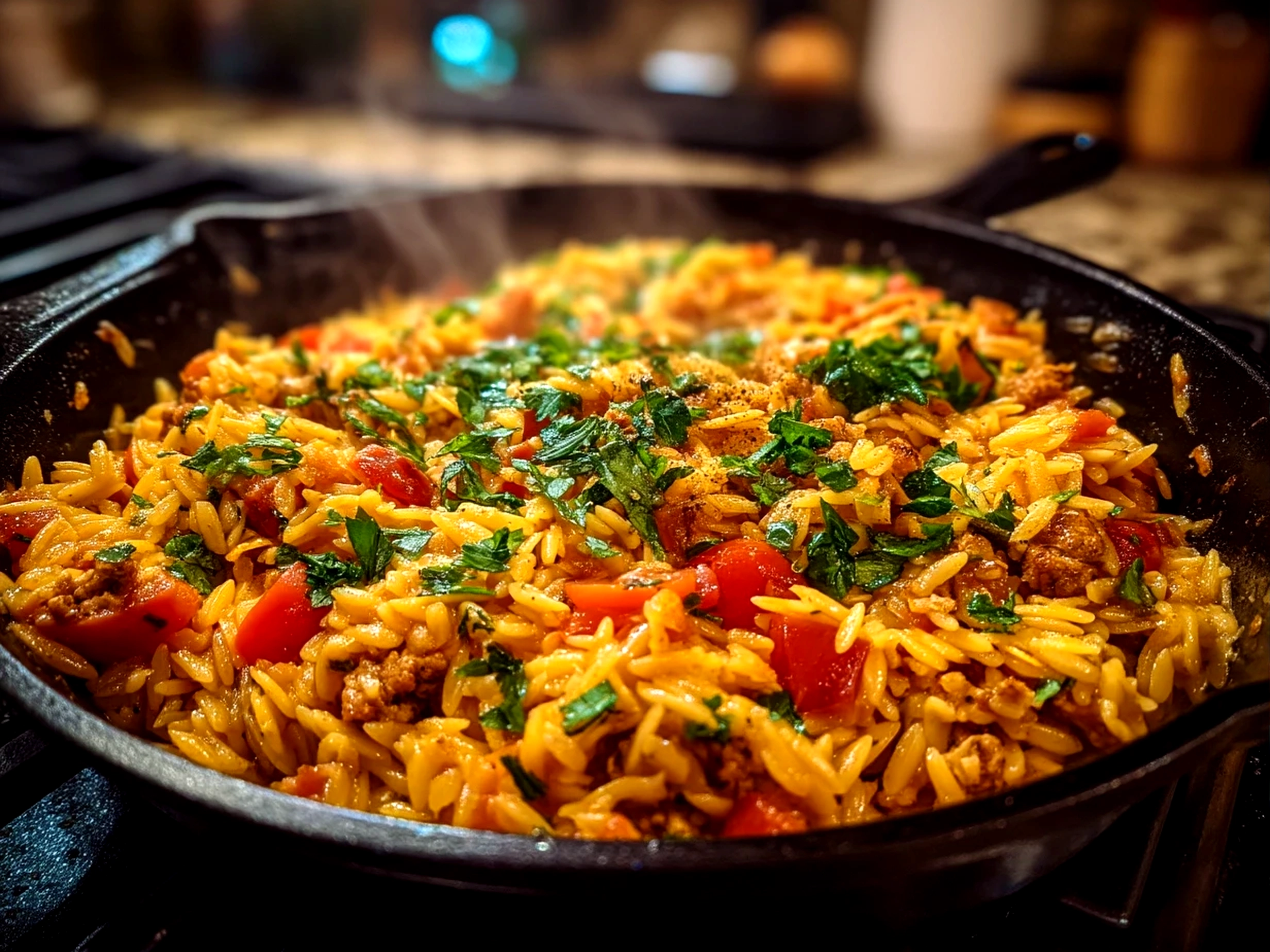 Cozy One-Pot Ground Turkey Orzo Close-Up