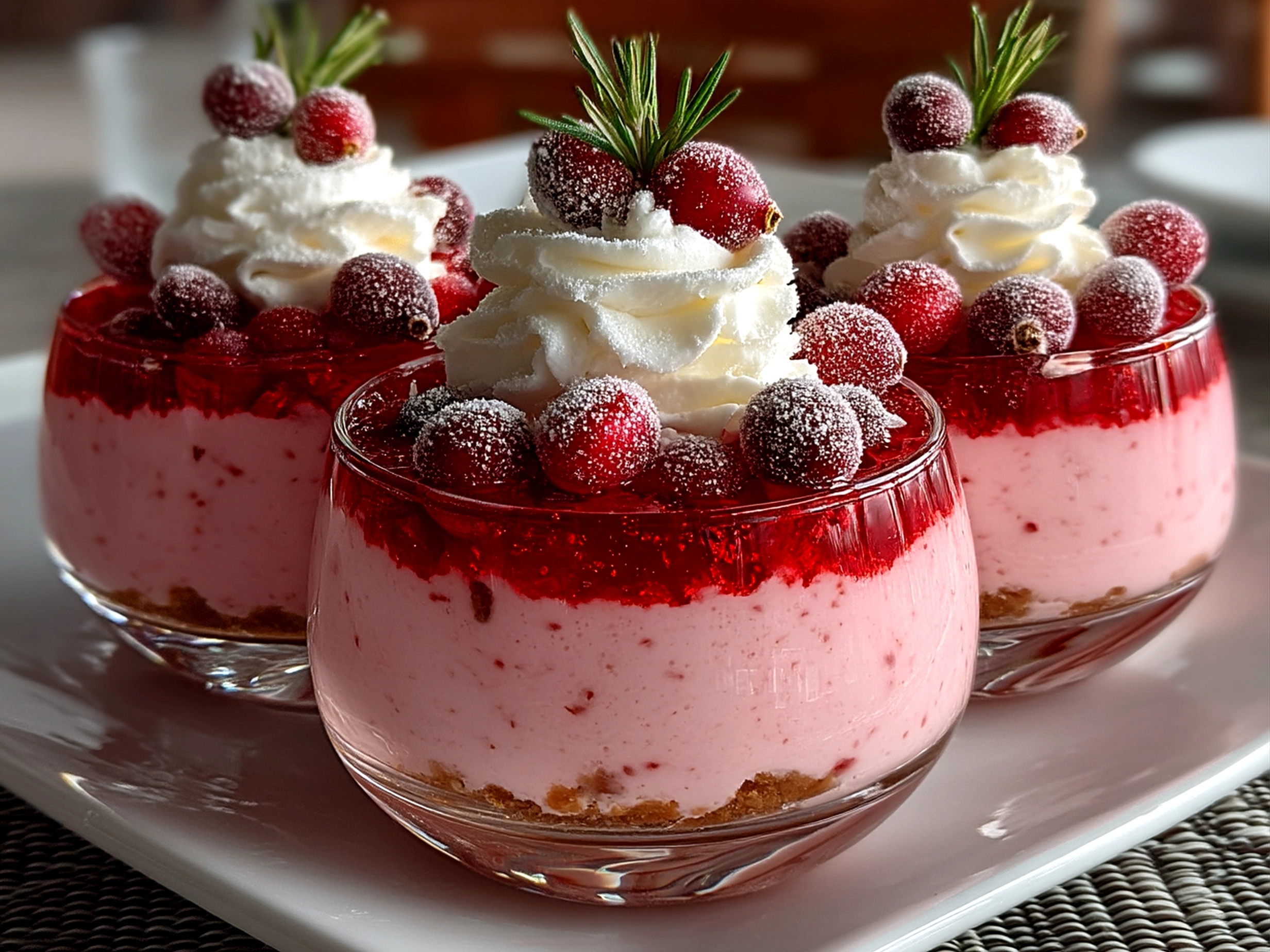 Finished Cranberry Mousse Cups garnished with fresh cranberries and orange zest